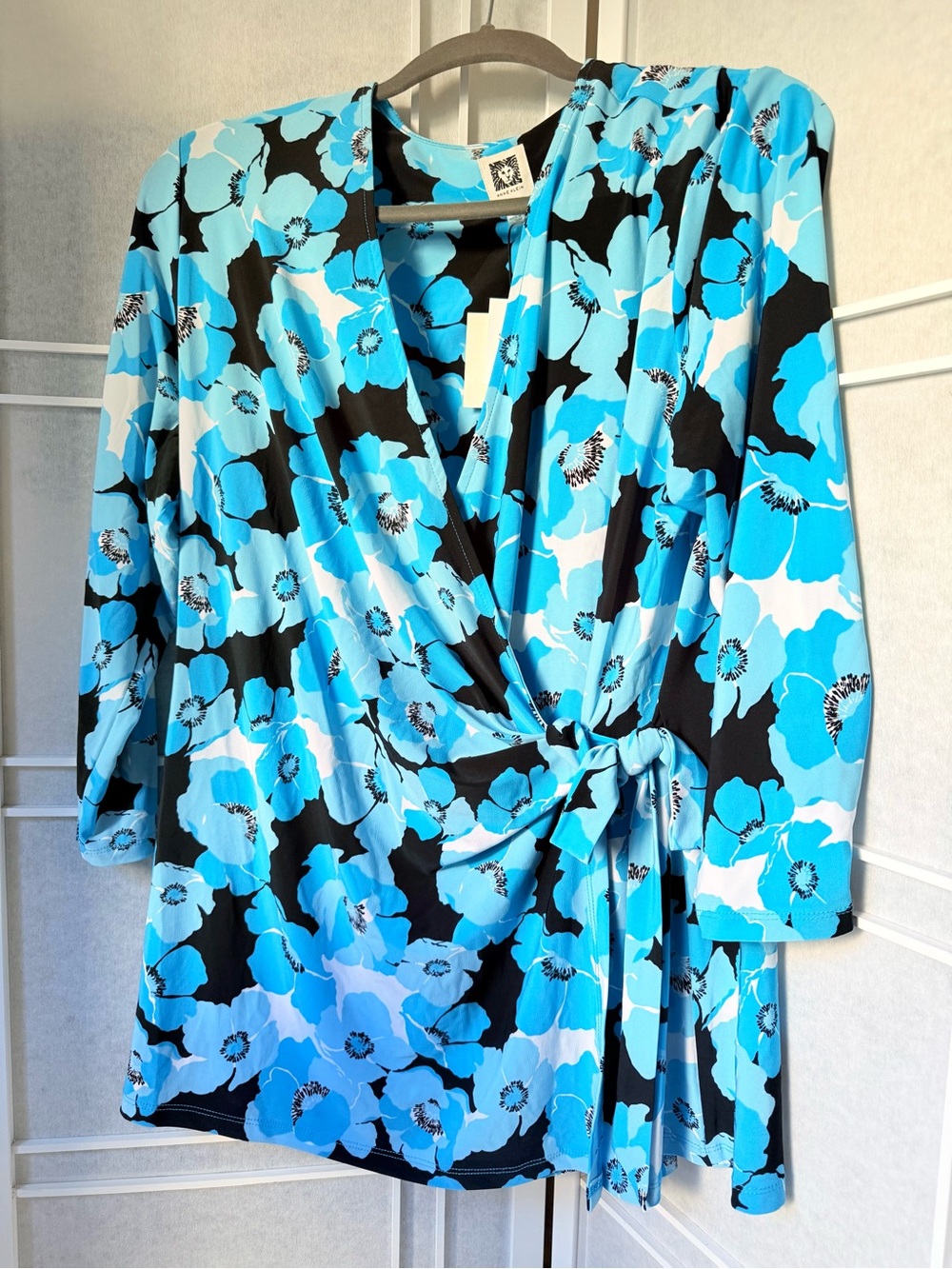 Anne Klein Blue Floral Wrap Blouse